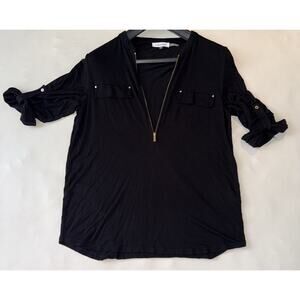 Calvin Klein Top Women's Medium Black Quarter Zip V Neck 3/4 Sleeve Casual